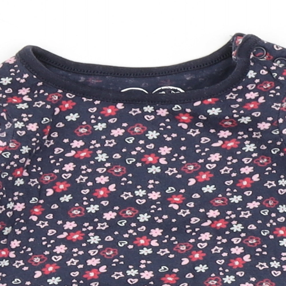 Earlydays Girls Blue Floral 100% Cotton Basic T-Shirt Size 0-3 Months Round Neck Snap - Flowers