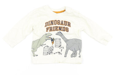 Primark Boys Ivory  100% Cotton Basic T-Shirt Size 3-6 Months Round Neck Snap - Dinosaur