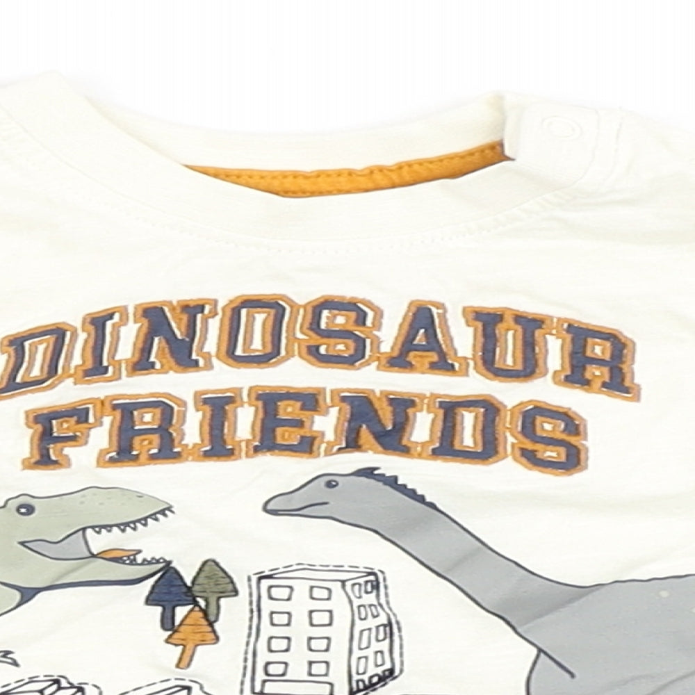 Primark Boys Ivory  100% Cotton Basic T-Shirt Size 3-6 Months Round Neck Snap - Dinosaur