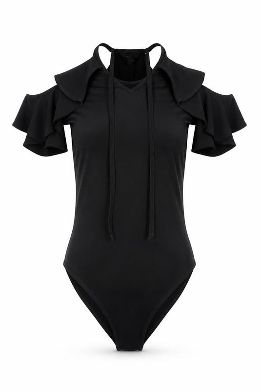 Front view of Miss Selfridge women’s black polyester bodysuit one-piece, size UK 10, - cold shoulder