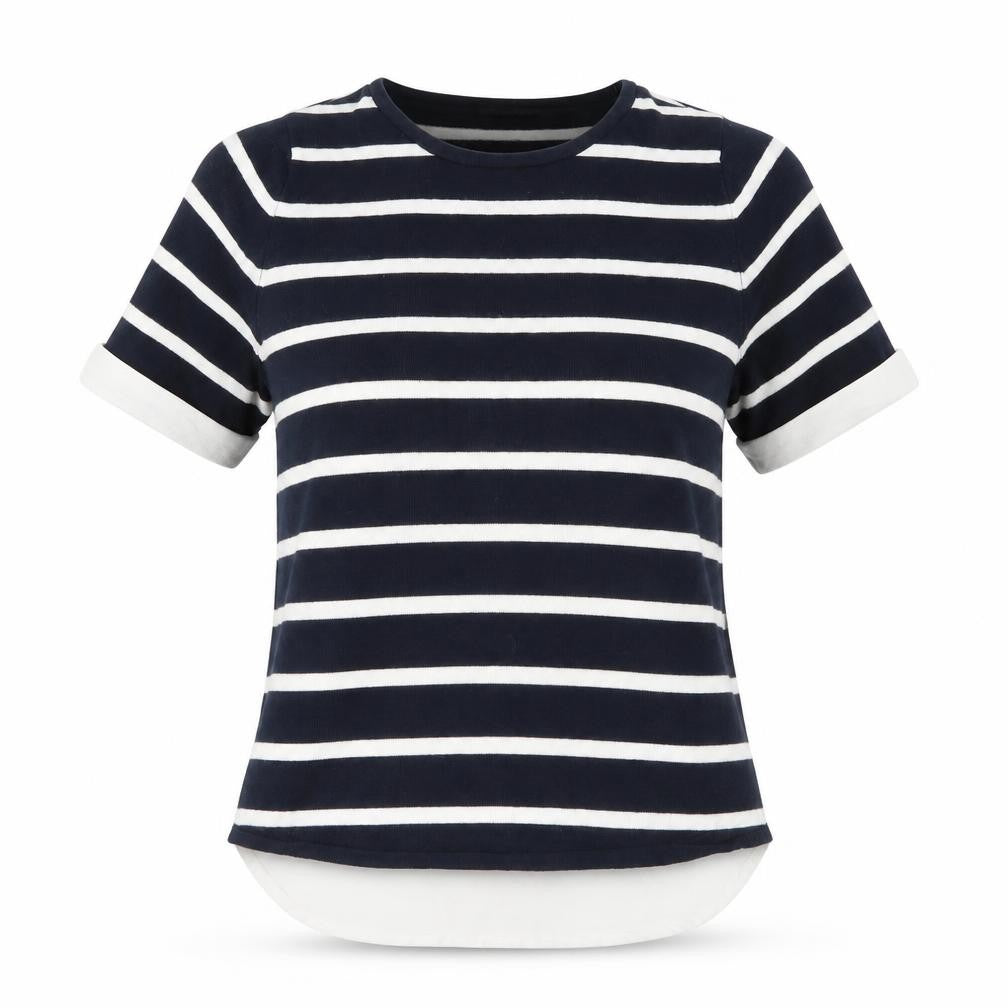 Front view of Atmosphere women’s blue striped viscose jersey blouse, size UK 8, round neck - chiffon back