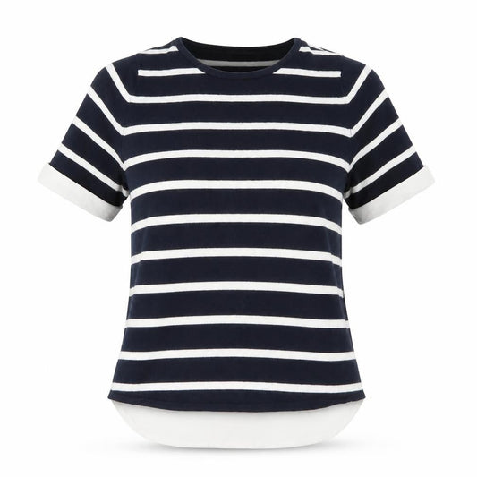 Front view of Atmosphere women’s blue striped viscose jersey blouse, size UK 8, round neck - chiffon back