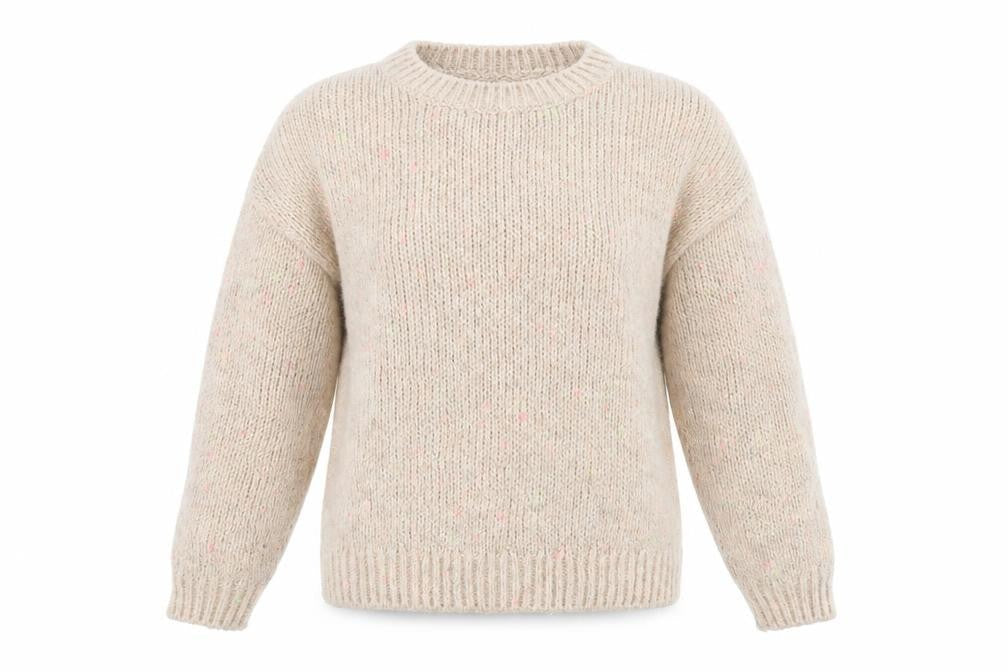 Front view of F&F women’s beige round neck acrylic jumper, size UK 10, - flecked