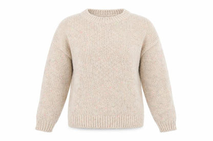 Front view of F&F women’s beige round neck acrylic jumper, size UK 10, - flecked