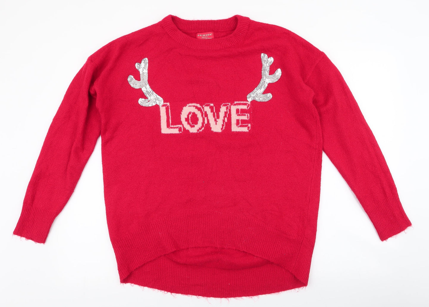 Primark Womens Red Round Neck  Acrylic Pullover Jumper Size S   - love , antlers