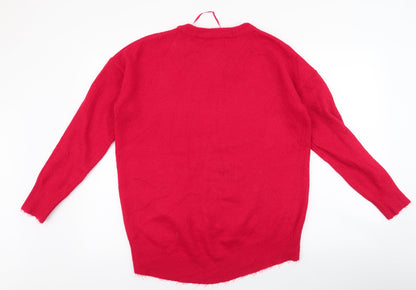 Primark Womens Red Round Neck  Acrylic Pullover Jumper Size S   - love , antlers