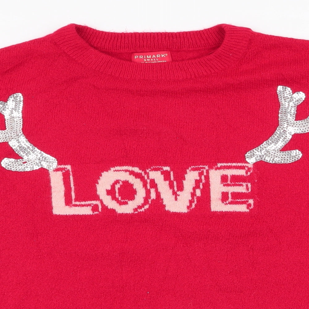 Primark Womens Red Round Neck  Acrylic Pullover Jumper Size S   - love , antlers