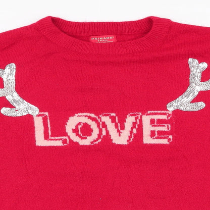 Primark Womens Red Round Neck  Acrylic Pullover Jumper Size S   - love , antlers