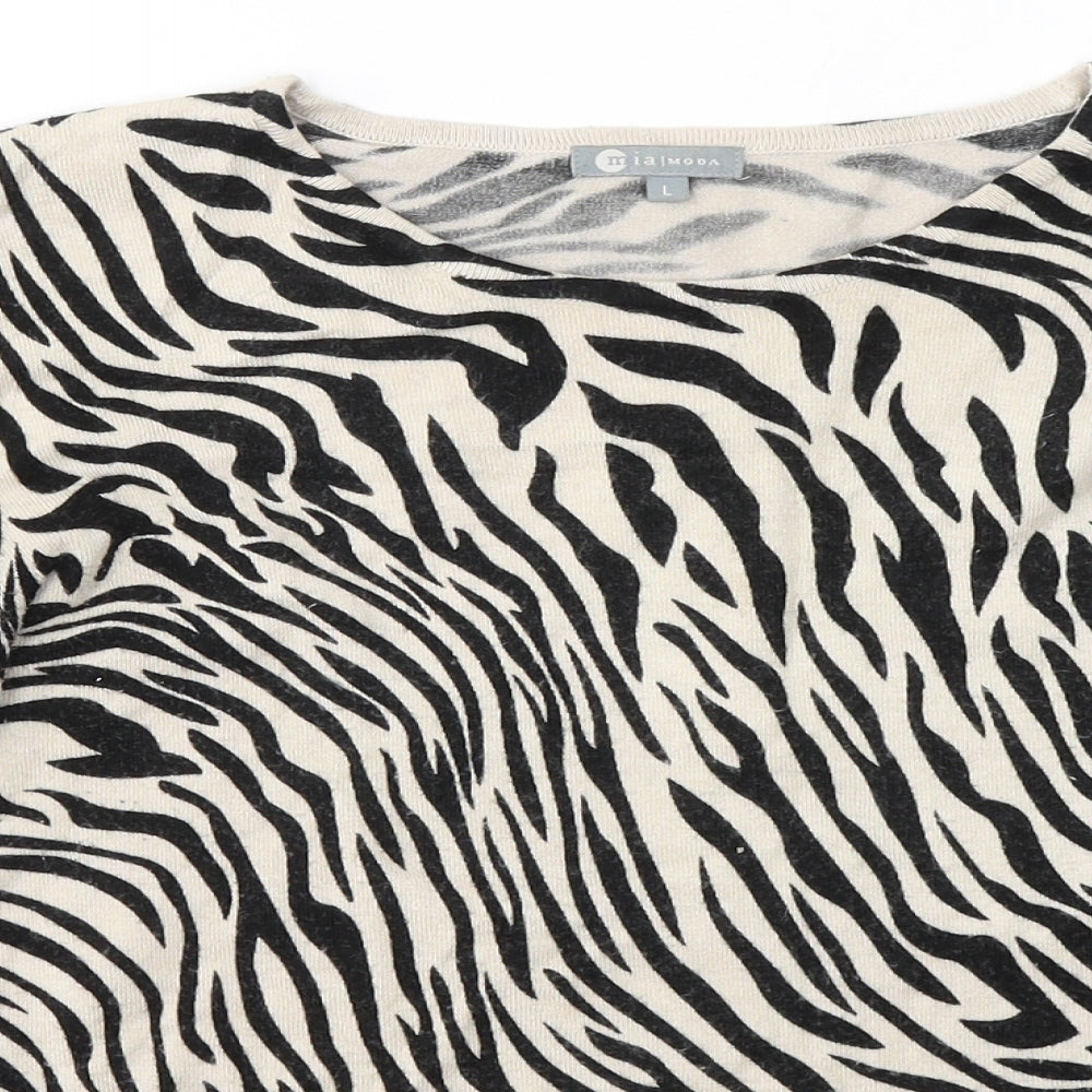 Maimoda Womens Beige Animal Print Viscose Basic Blouse Size L Round Neck
