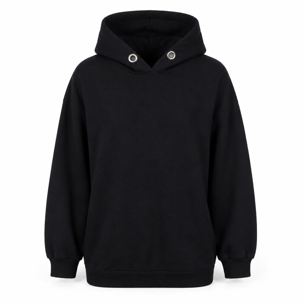 Front view of Bonmarché women’s black cotton pullover hoodie, size UK 14