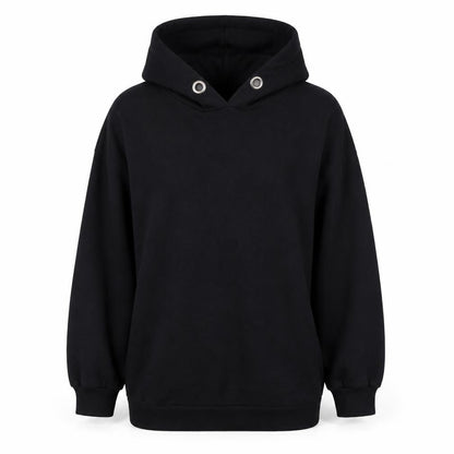 Front view of Bonmarché women’s black cotton pullover hoodie, size UK 14