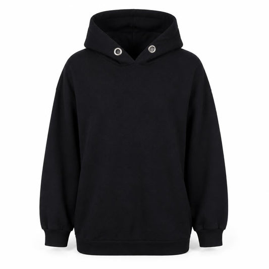 Front view of Bonmarché women’s black cotton pullover hoodie, size UK 14