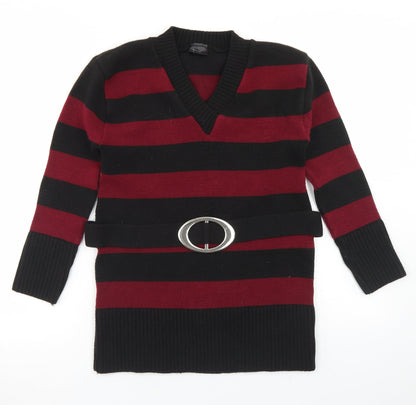 Etiquette Womens Red V-Neck Striped Acrylic Pullover Jumper Size XL