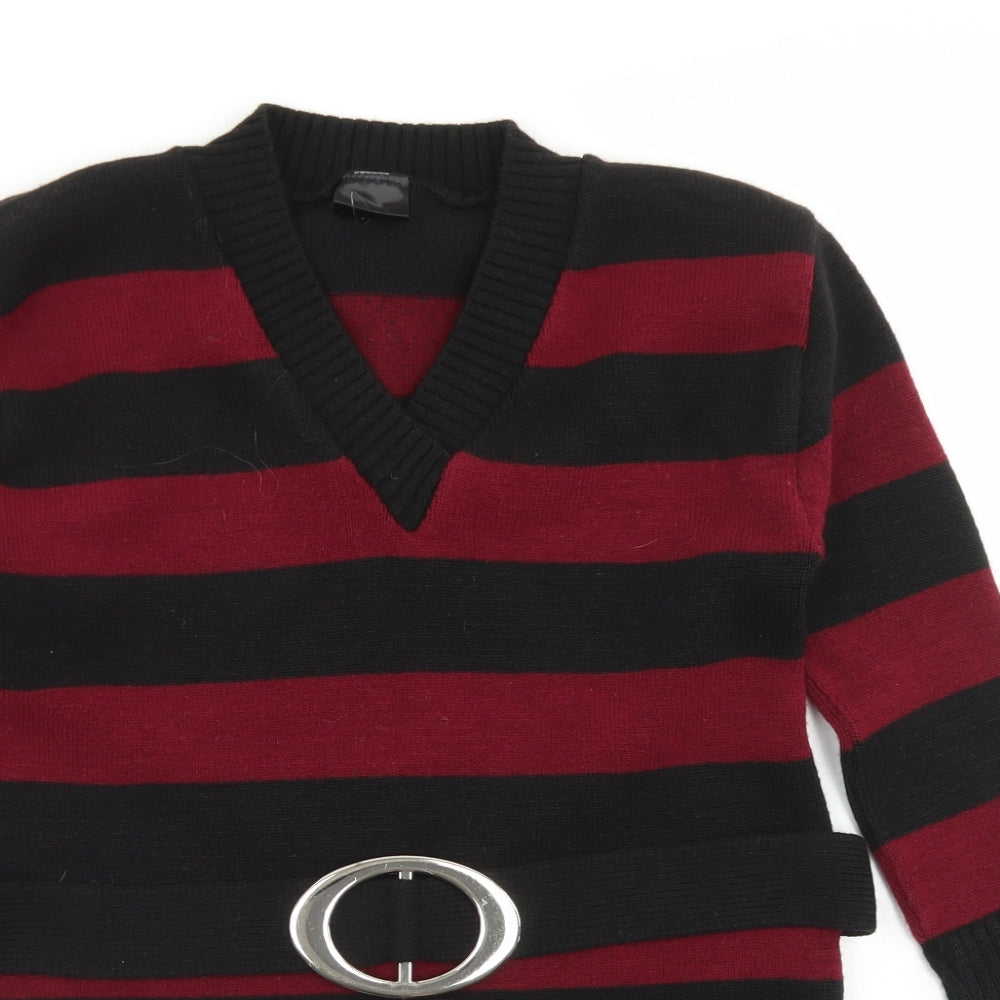 Etiquette Womens Red V-Neck Striped Acrylic Pullover Jumper Size XL