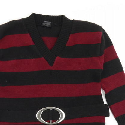 Etiquette Womens Red V-Neck Striped Acrylic Pullover Jumper Size XL