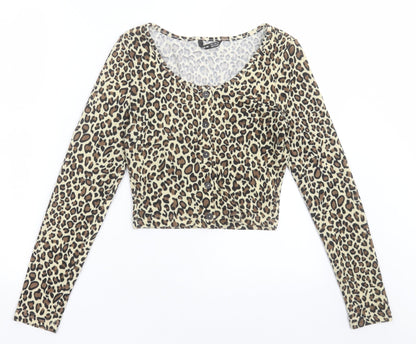 SheIn Womens Brown Scoop Neck Animal Print Polyester Cardigan Jumper Size S