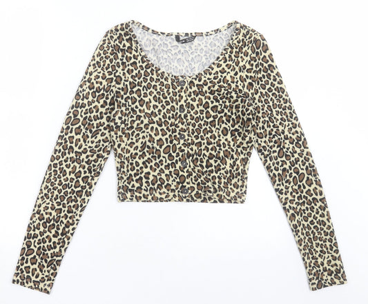 SheIn Womens Brown Scoop Neck Animal Print Polyester Cardigan Jumper Size S