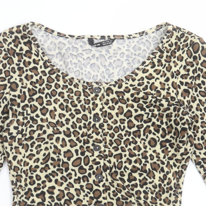 SheIn Womens Brown Scoop Neck Animal Print Polyester Cardigan Jumper Size S