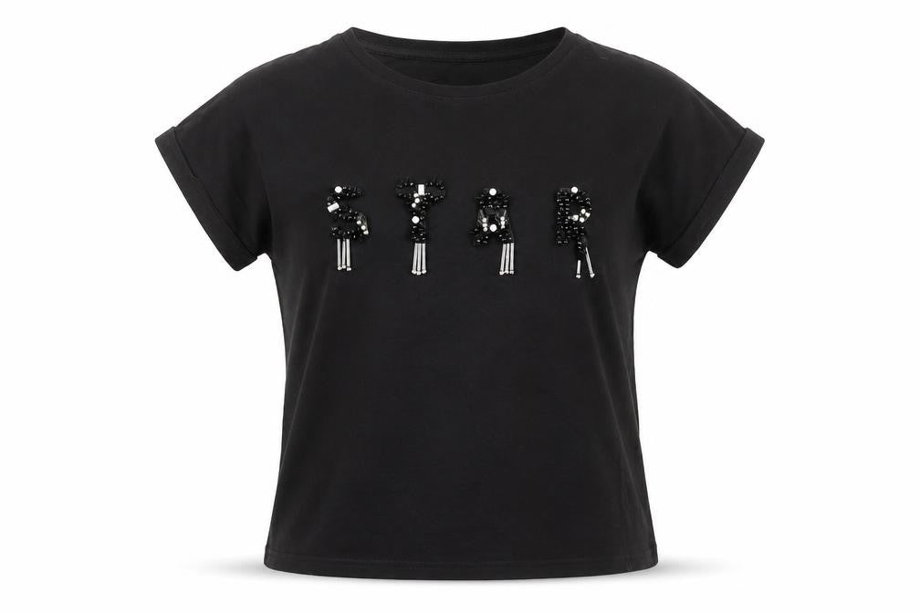 Front view of Sweewë women’s black cotton basic t-shirt, size S, crew neck - star