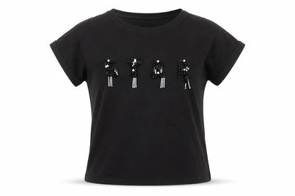 Front view of Sweewë women’s black cotton basic t-shirt, size S, crew neck - star