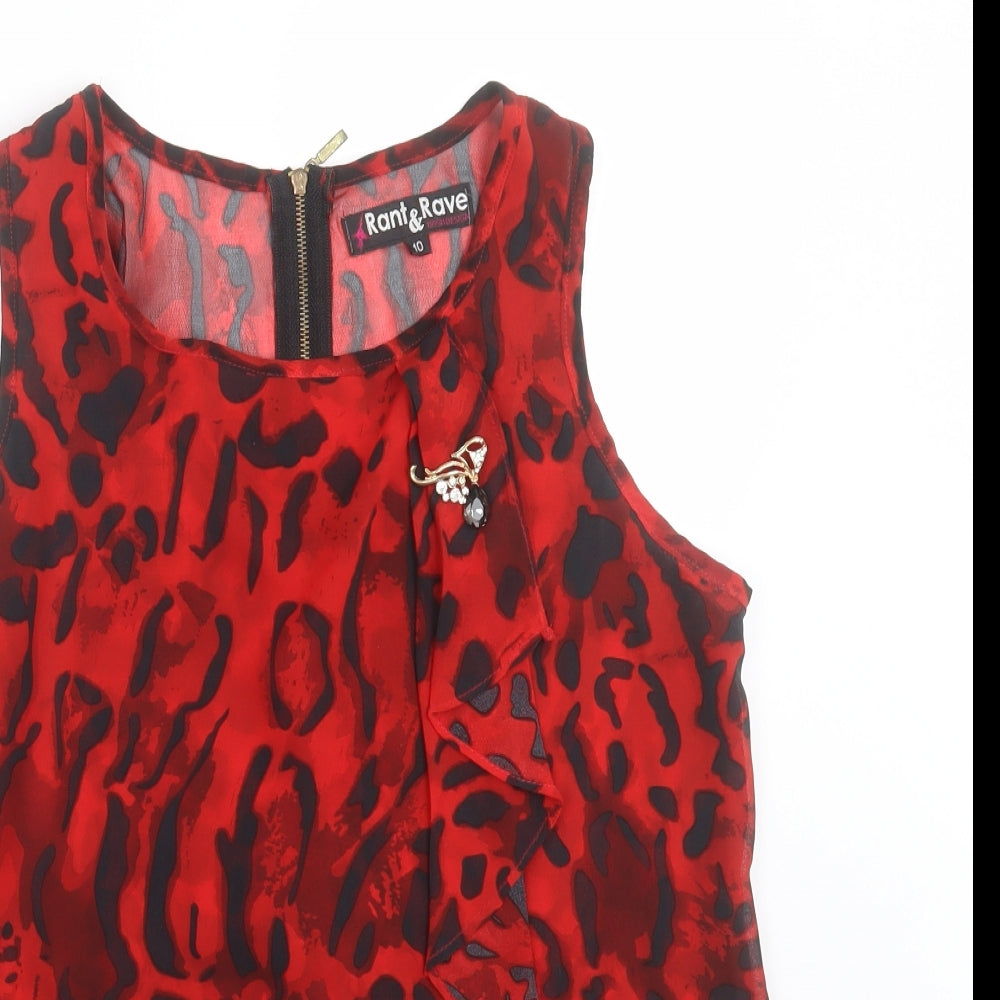 Rant & Rave Womens Red Geometric Polyester Basic Tank Size 10 Crew Neck