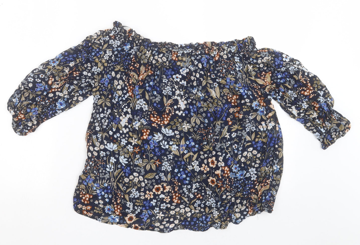 Stradivarius Womens Blue Floral Viscose Basic Blouse Size S Off the Shoulder