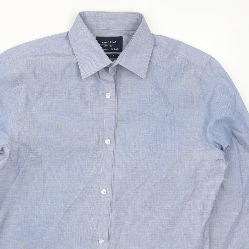 F&F Mens Blue  Polyester  Button-Up Size 14.5 Collared Button