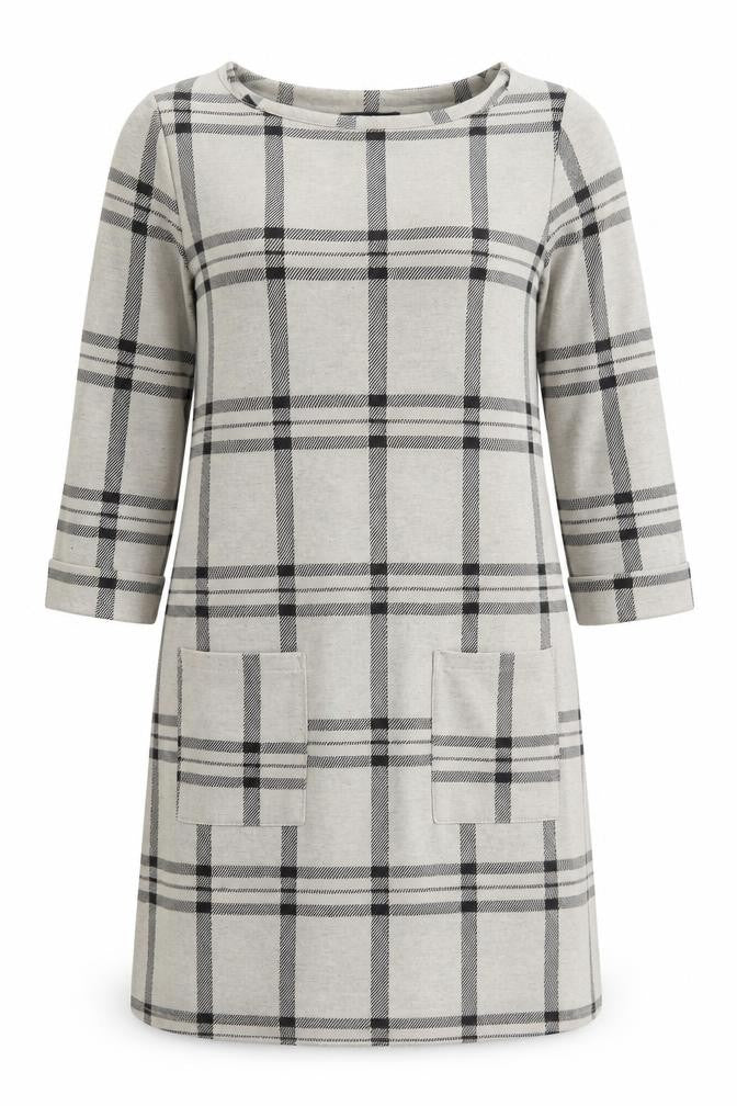 Front view of Primark women’s grey check polyester t-shirt dress, size UK 10, round neck pullover
