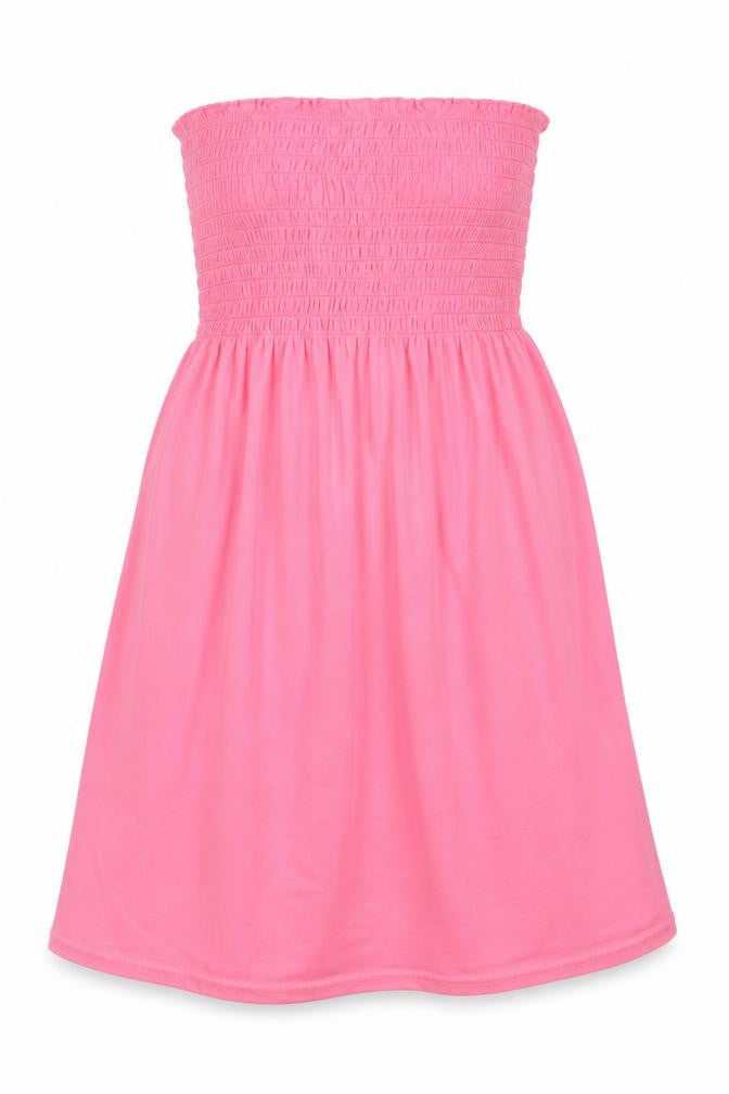 Front view of Boohoo women’s pink viscose skater dress, size UK 8, round neck pullover