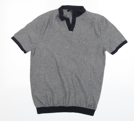 NEXT Mens Blue Collared Striped Cotton Pullover Jumper Size M