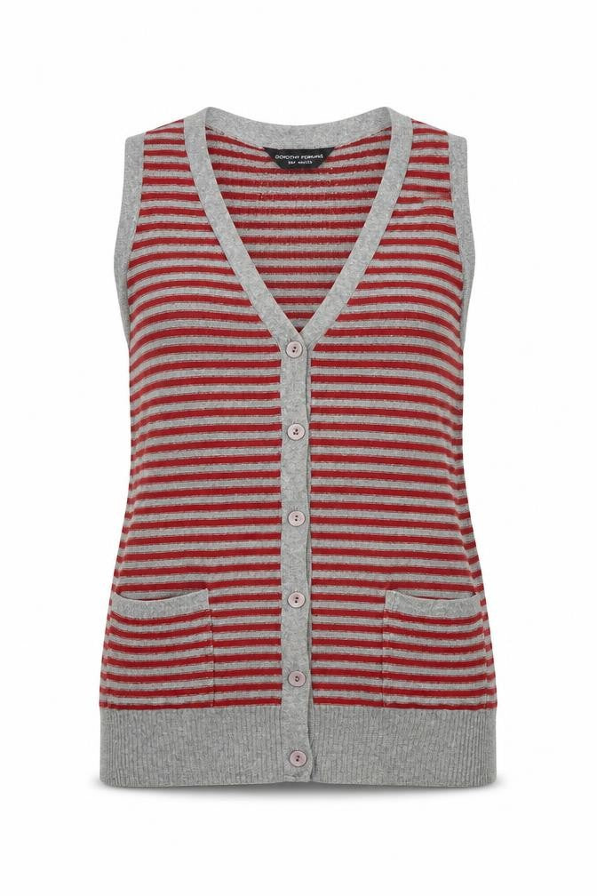 Front view of Dorothy Perkins women’s multicoloured v-neck striped acrylic cardigan jumper, size UK 12