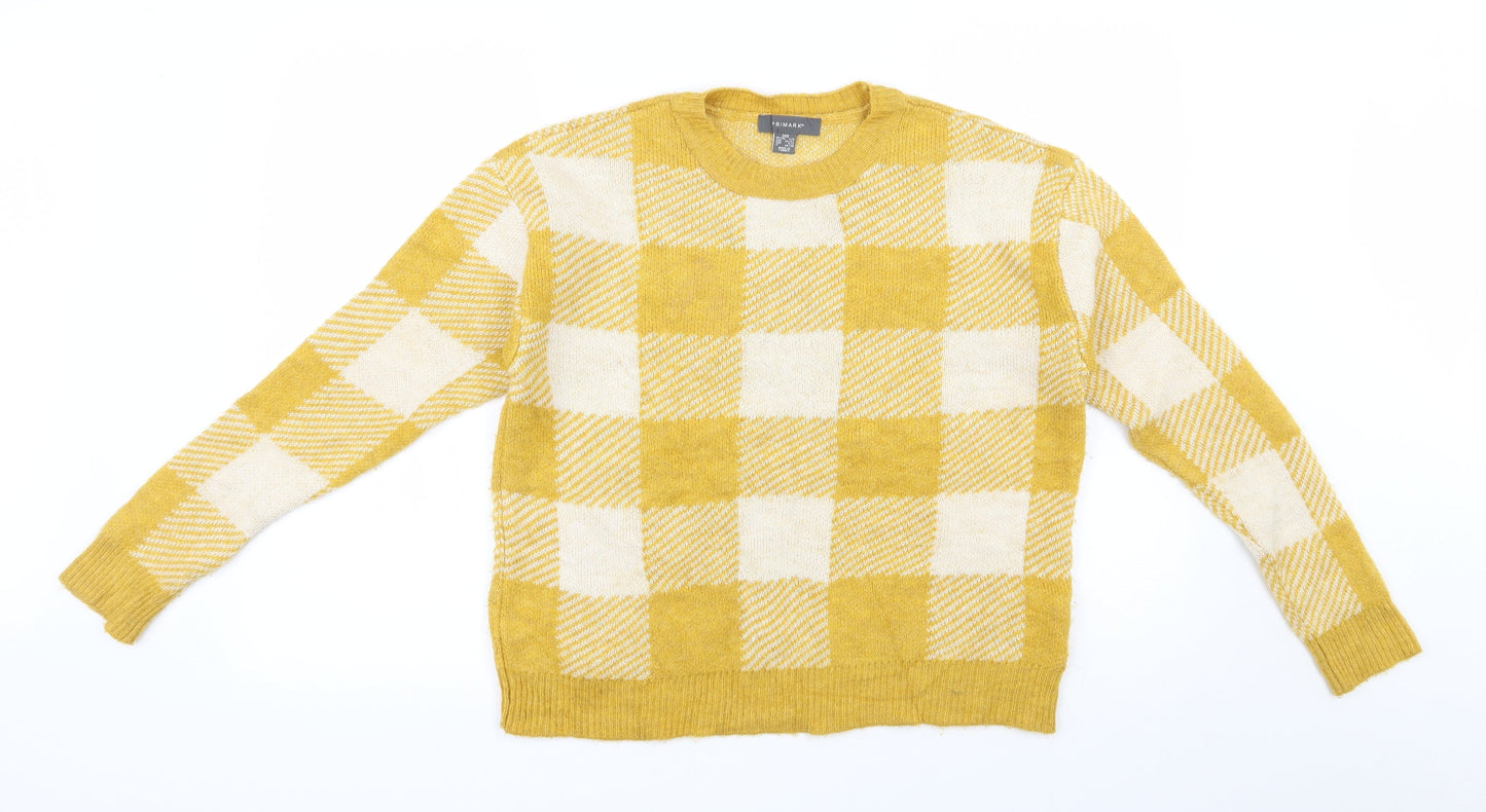 Primark Womens Yellow Round Neck Check Acrylic Pullover Jumper Size 4