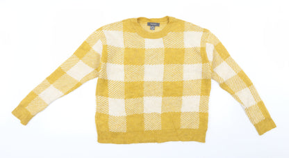 Primark Womens Yellow Round Neck Check Acrylic Pullover Jumper Size 4