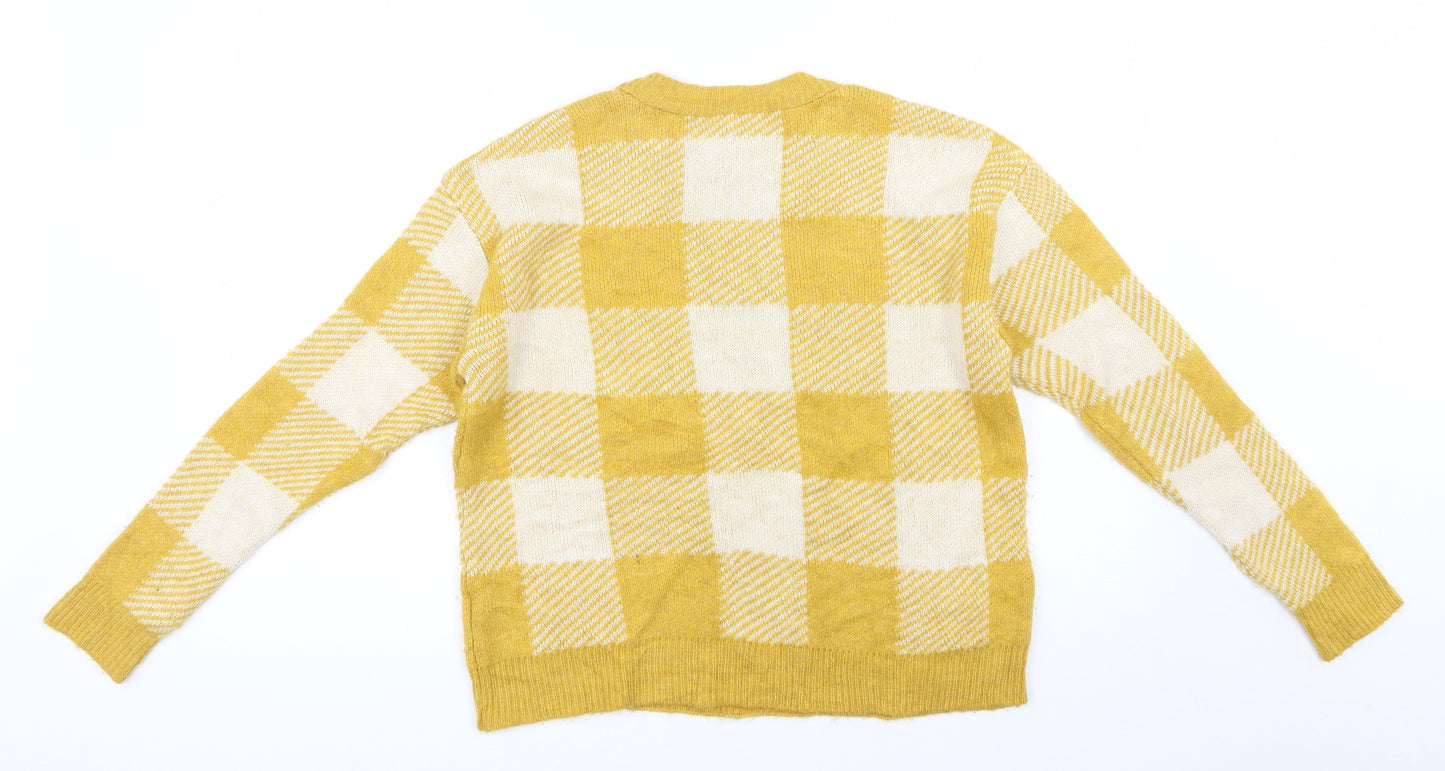 Primark Womens Yellow Round Neck Check Acrylic Pullover Jumper Size 4