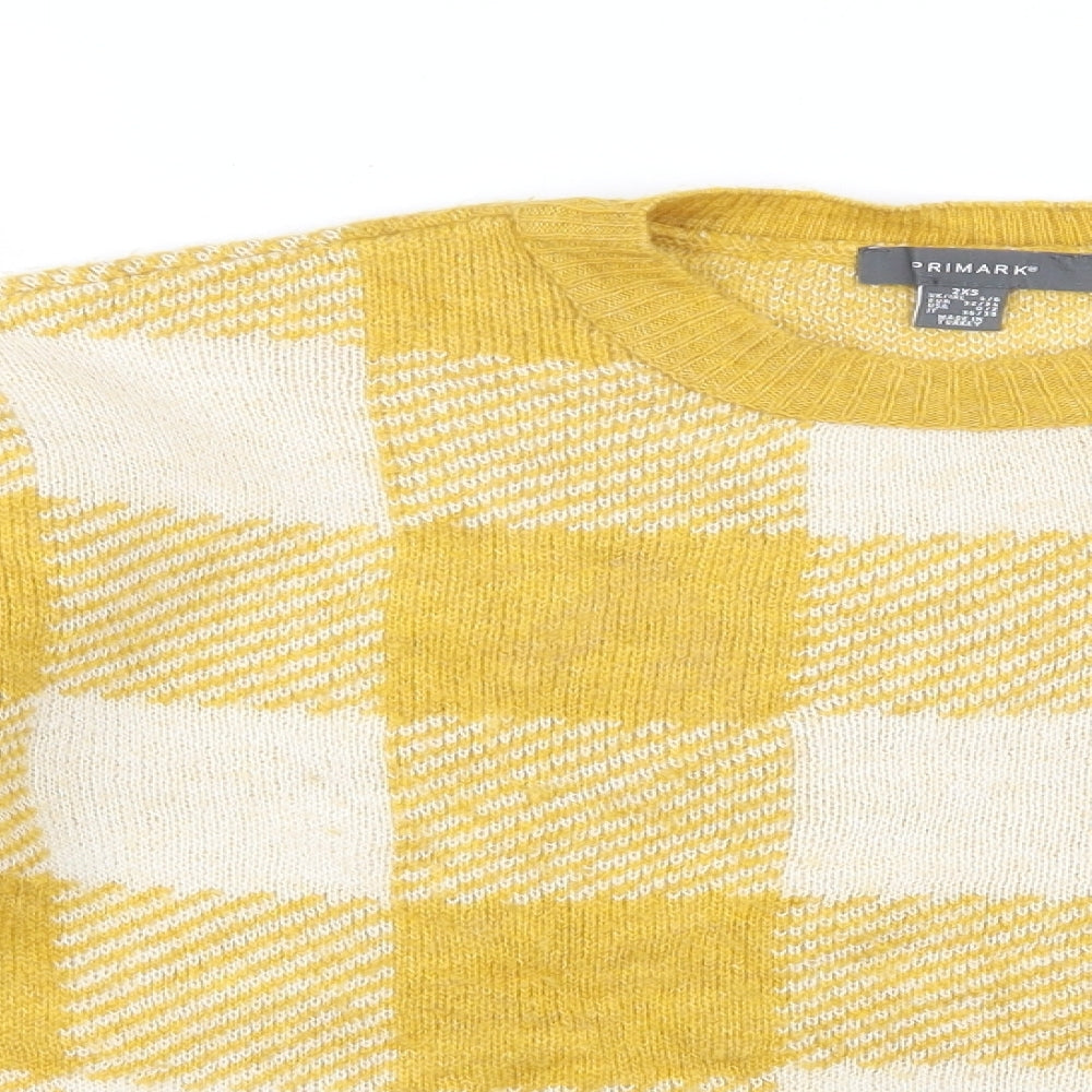 Primark Womens Yellow Round Neck Check Acrylic Pullover Jumper Size 4