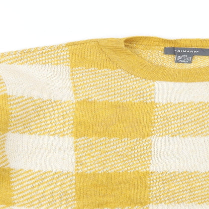 Primark Womens Yellow Round Neck Check Acrylic Pullover Jumper Size 4