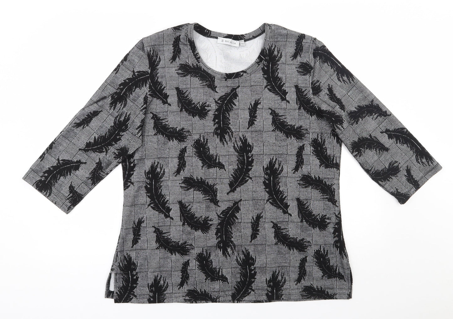 Bicalla  Womens Black Houndstooth Viscose Jersey T-Shirt Size L Scoop Neck - Feather pattern