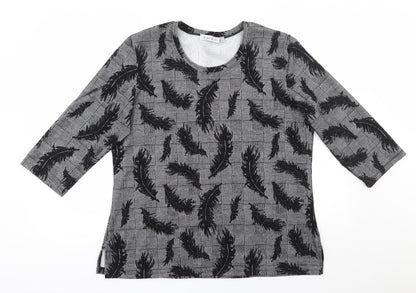 Bicalla  Womens Black Houndstooth Viscose Jersey T-Shirt Size L Scoop Neck - Feather pattern