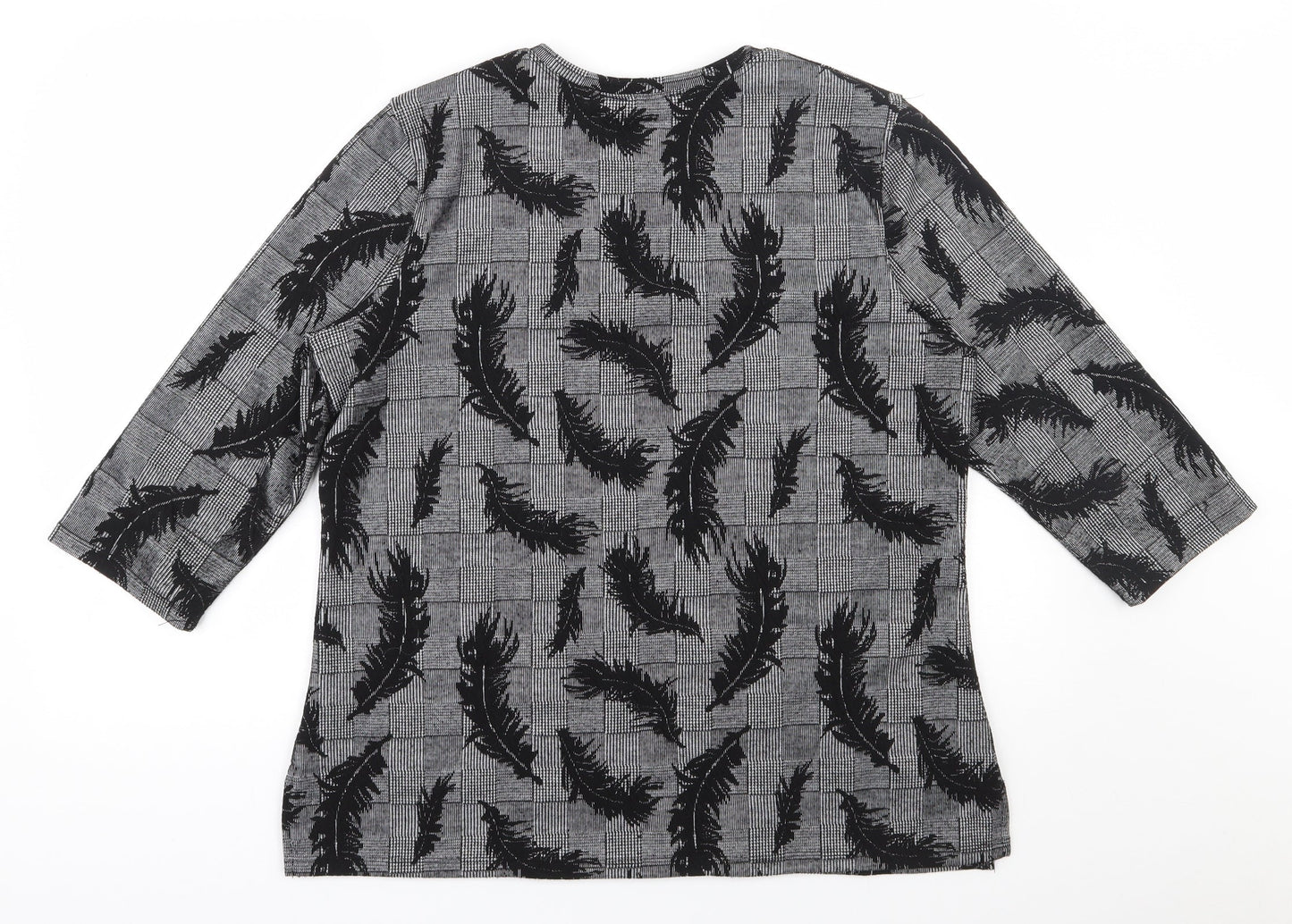 Bicalla  Womens Black Houndstooth Viscose Jersey T-Shirt Size L Scoop Neck - Feather pattern