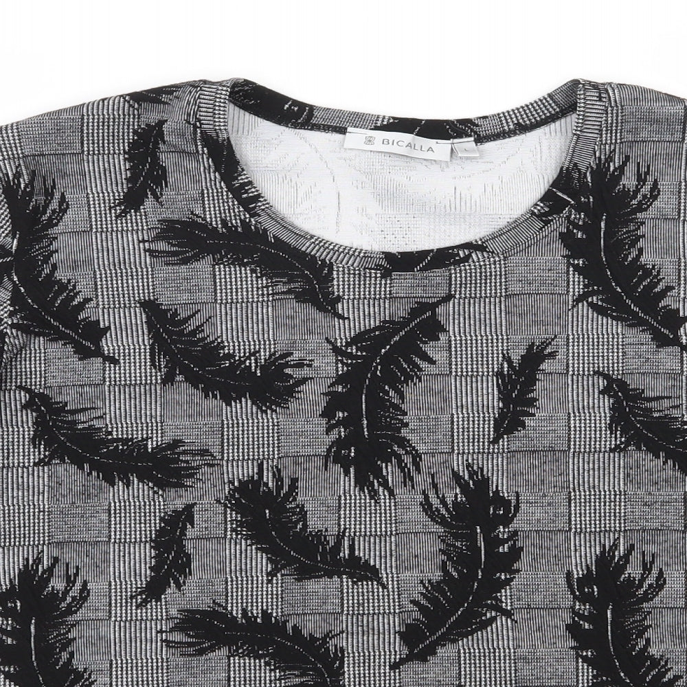 Bicalla  Womens Black Houndstooth Viscose Jersey T-Shirt Size L Scoop Neck - Feather pattern