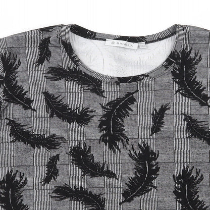 Bicalla  Womens Black Houndstooth Viscose Jersey T-Shirt Size L Scoop Neck - Feather pattern