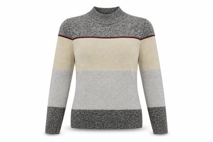 Front view of New Look women’s grey striped viscose jersey blouse, size UK 8, high neck
