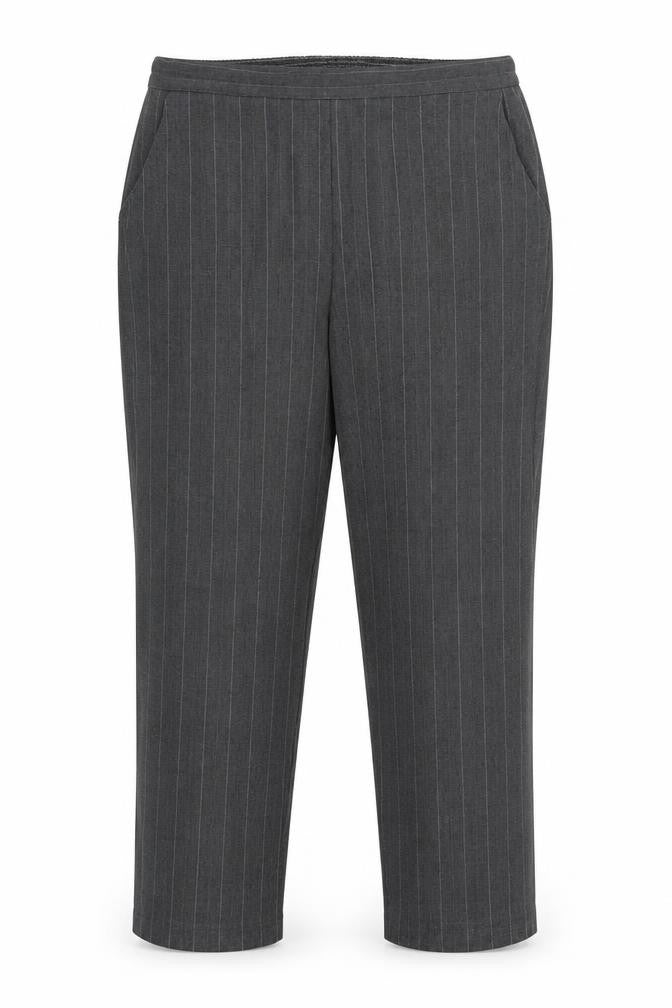 Front view of Preworn women’s grey striped polyester dress pants trousers, size UK 18, 28-inch leg regular