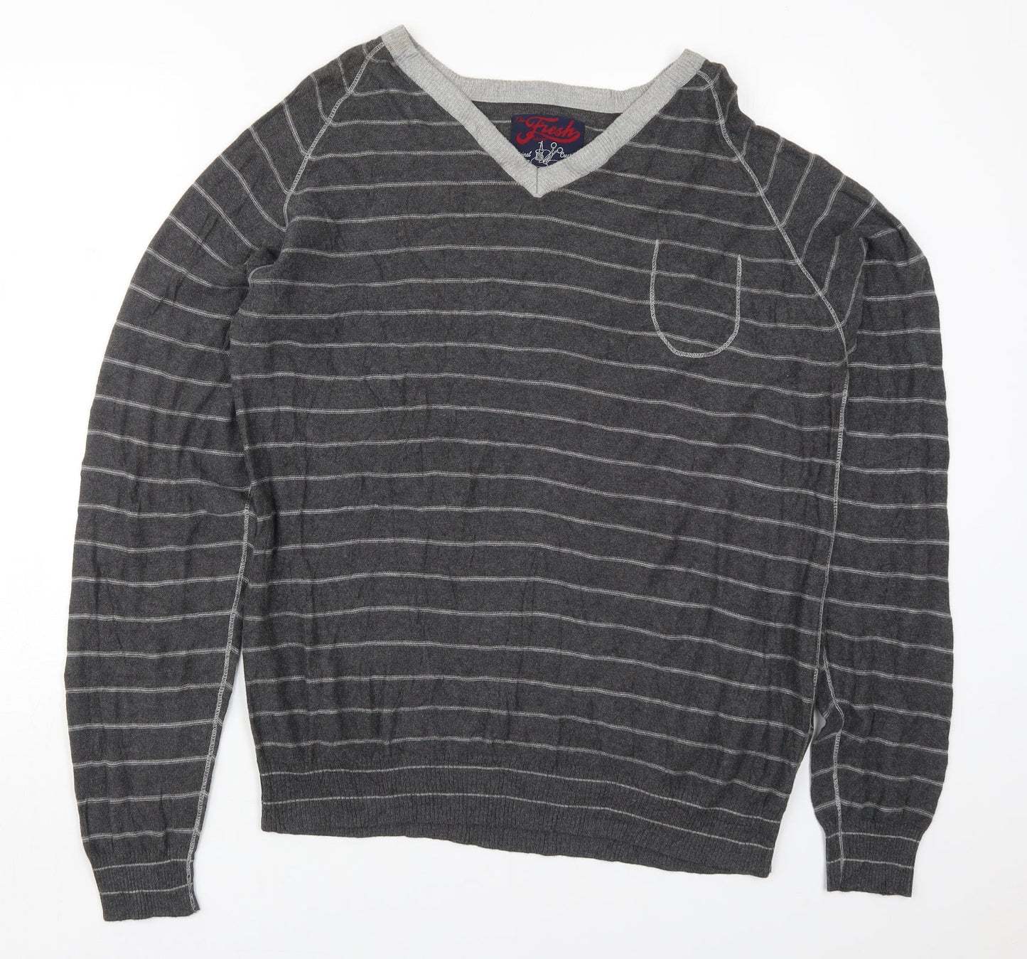Fresh Mens Grey V-Neck Striped Cotton Pullover Jumper Size 2XL