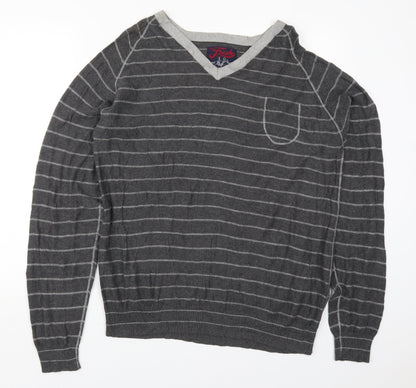 Fresh Mens Grey V-Neck Striped Cotton Pullover Jumper Size 2XL