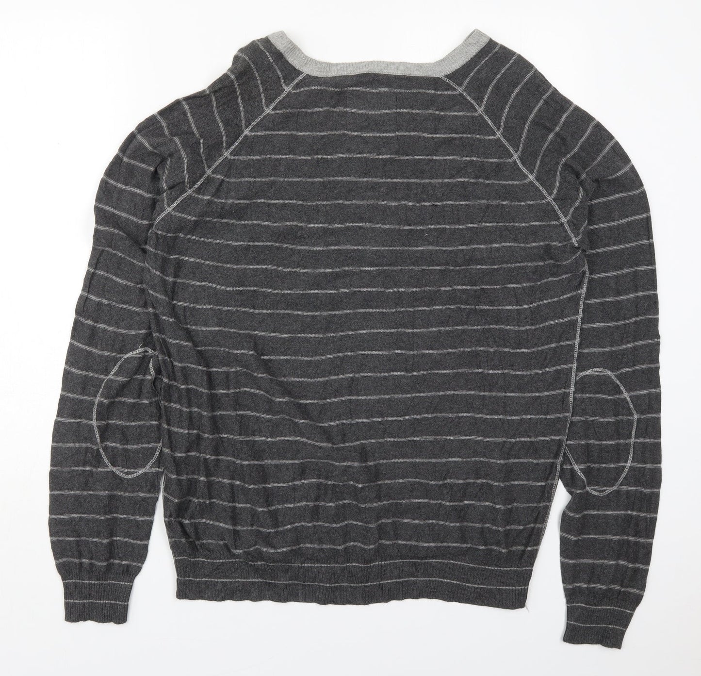Fresh Mens Grey V-Neck Striped Cotton Pullover Jumper Size 2XL