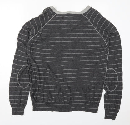 Fresh Mens Grey V-Neck Striped Cotton Pullover Jumper Size 2XL