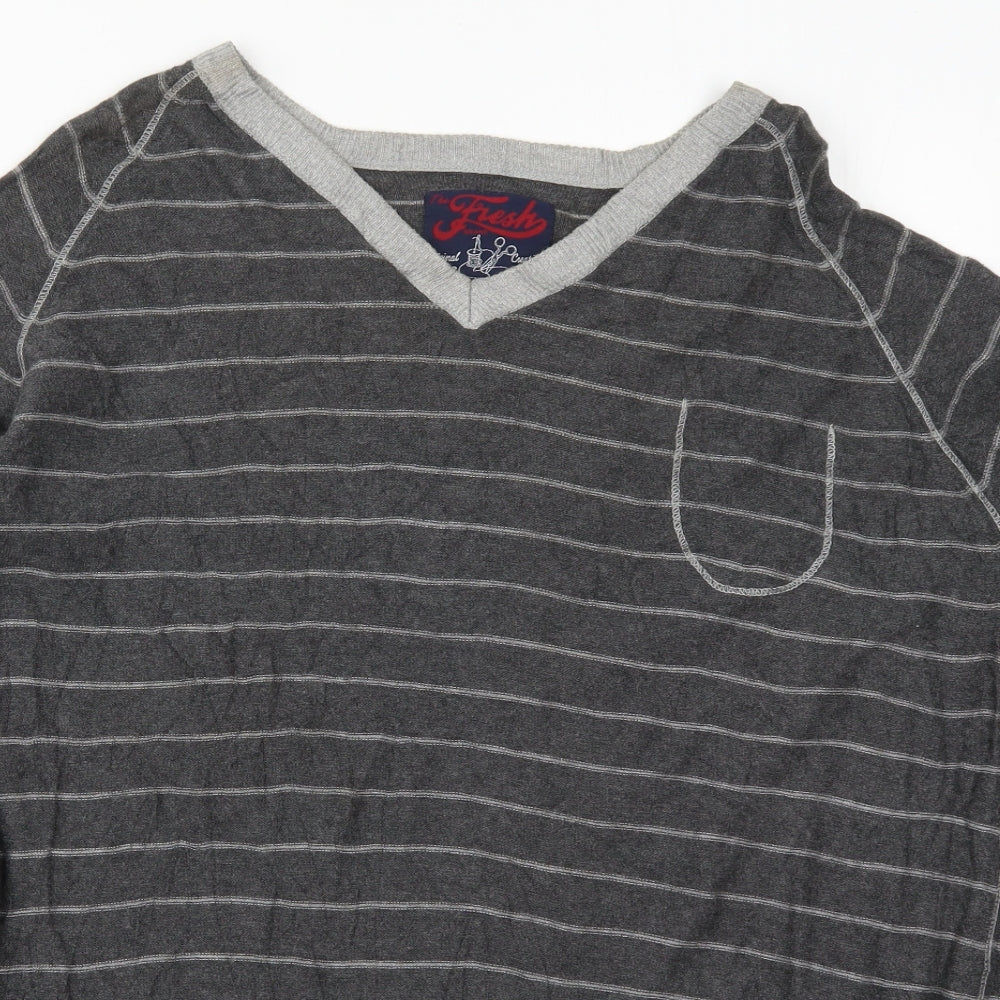 Fresh Mens Grey V-Neck Striped Cotton Pullover Jumper Size 2XL