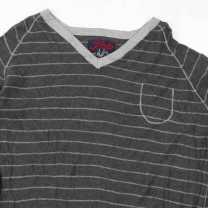 Fresh Mens Grey V-Neck Striped Cotton Pullover Jumper Size 2XL