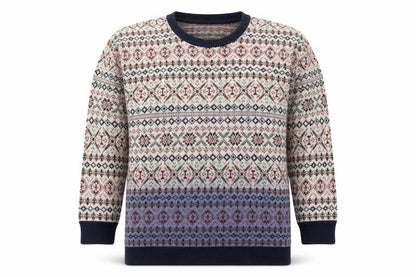 Front view of Sparkle & Fade women’s beige round neck geometric acrylic jumper, size S, - blue